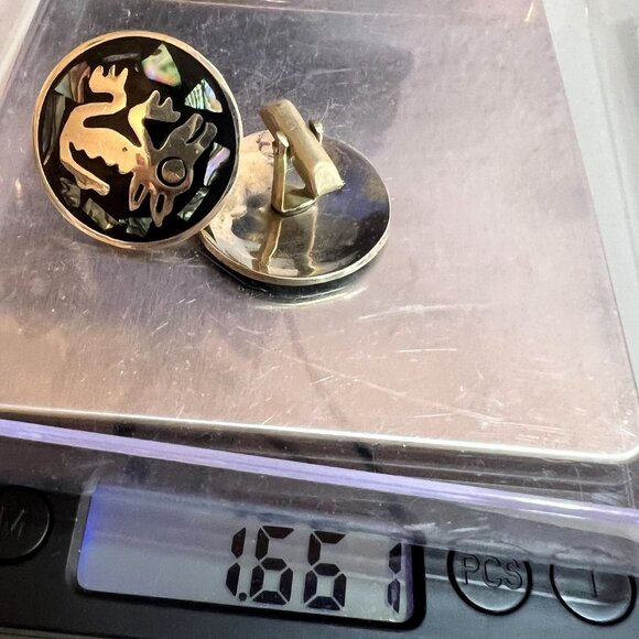 Vtg Large Alpaca Abalone Aztec Cufflinks Traditional Lizard Unique Mexico Jewelr - Picture 7 of 7